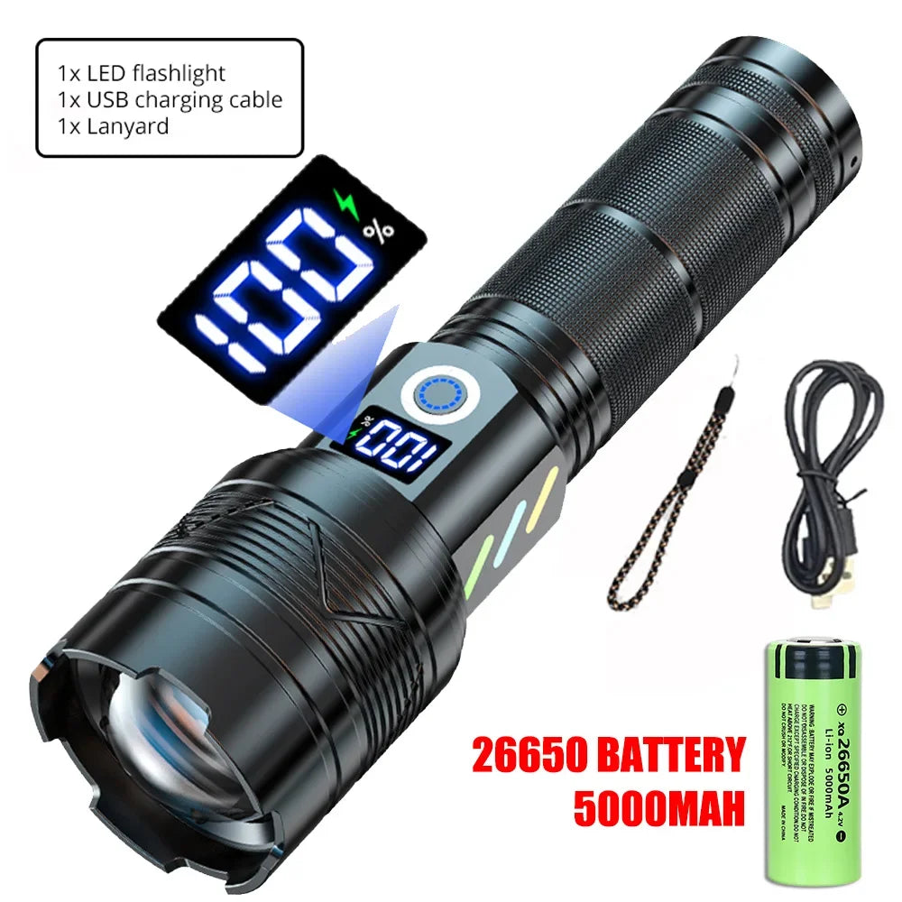 Powerful White Laser Strong Light LED Flashlight USB Charging 26650 Lithium Battery Outdoor Telescopic Zoom Super Bright Torch