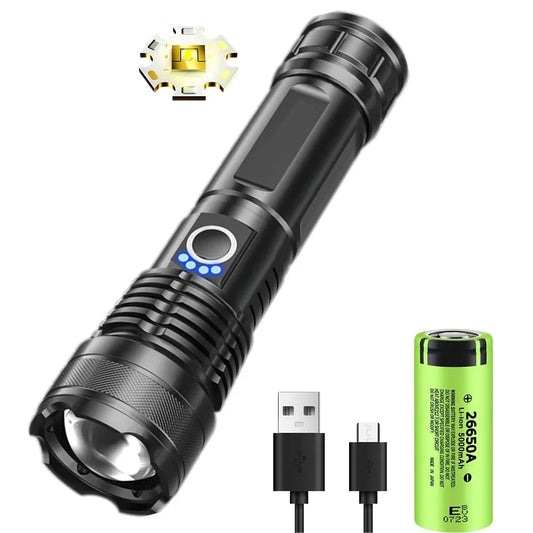 Powerful White Laser Strong Light LED Flashlight USB Charging 26650 Lithium Battery Outdoor Telescopic Zoom Super Bright Torch